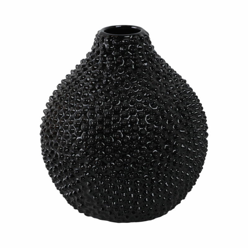 Dugg Textured Ceramic Glam Decorative Vase, Modern Accent for Stylish Display, 8" H x 7.25" W x 7.25" D, Black