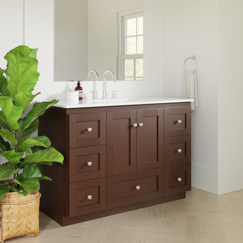 Meuble-lavabo l 49 po x P 22 po x H 35 po Shaker en aulne foncé avec comptoir en céramique blanc, Aulne foncé