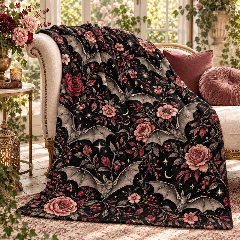 Vintage Bat Floral Blanket, Black Flannel Throw with Dusty Rose Blooms, Stars and Crescent Moons for Couch, Bed, Reading, Travel and Room Styling, 30 x 40 in