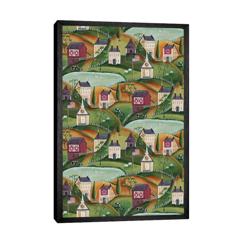Primitive American Folk Art Village Of Yesteryear Bartley by Cheryl Bartley - Painting on Canvas, Black Framed
