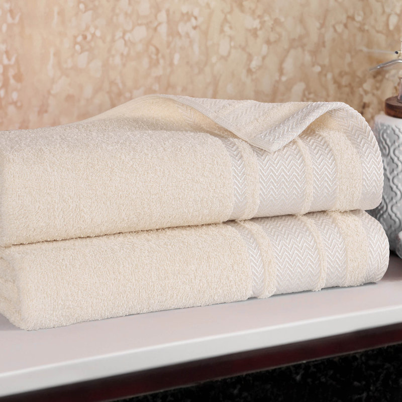 Haidar Cotton Solid Dobby Border Plush Soft Absorbent Medium Weight Bath Towel, Ivory
