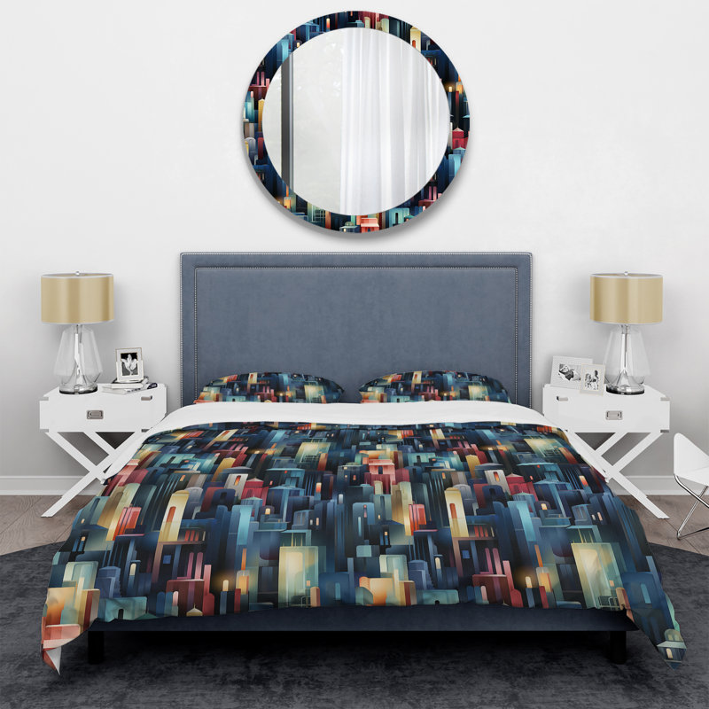 Literie Blue and Red Dynamic Cityscape Delight, Housse de couette pour grand lit et 2 taies décor