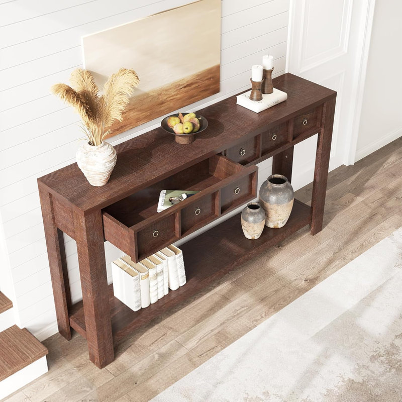 Console de 59 po de long, table d'entrée en bois avec 2 tiroirs et tablette de rangement ouverte, table de canapé derrière le canapé