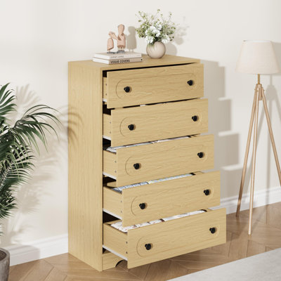 5-Drawer Mid-Century Modern Dresser, Deep Wood Chest with Metal Knobs, Entryway Living Room Storage Cabinet, Natural Wood Finish