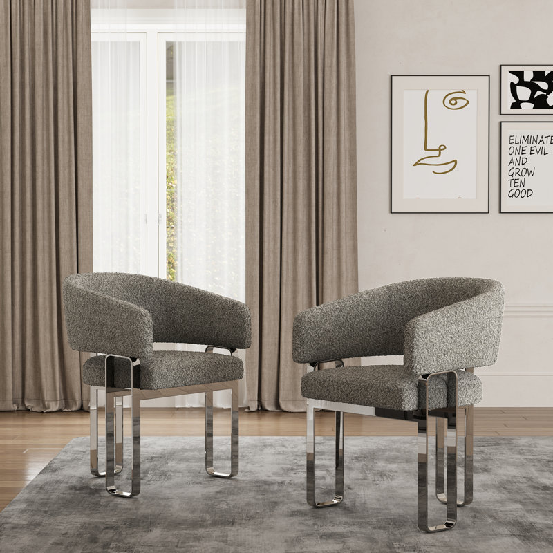 Dining Chairs Set Of 2, Luxury Grey Boucle Upholstered Barrel Dining Room Chairs With Armrest & Mirrored Silver Metal Frame For Kitchen