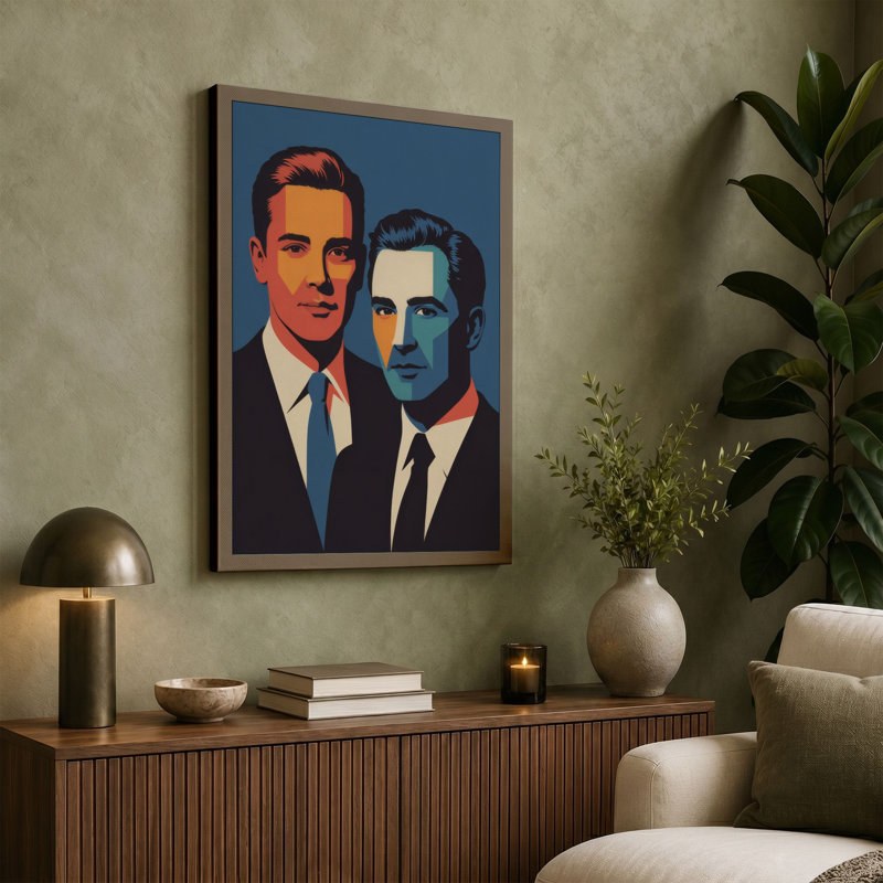 Two Men in Formal Attire Pop Art 1 Piece Wrapped Canvas Wall Art, 36x24 - 91.4 x 61.0 cm, Ochre Border