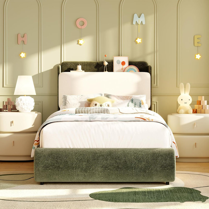 Lit plateforme tapissier Chenille, Lit simple, Vert