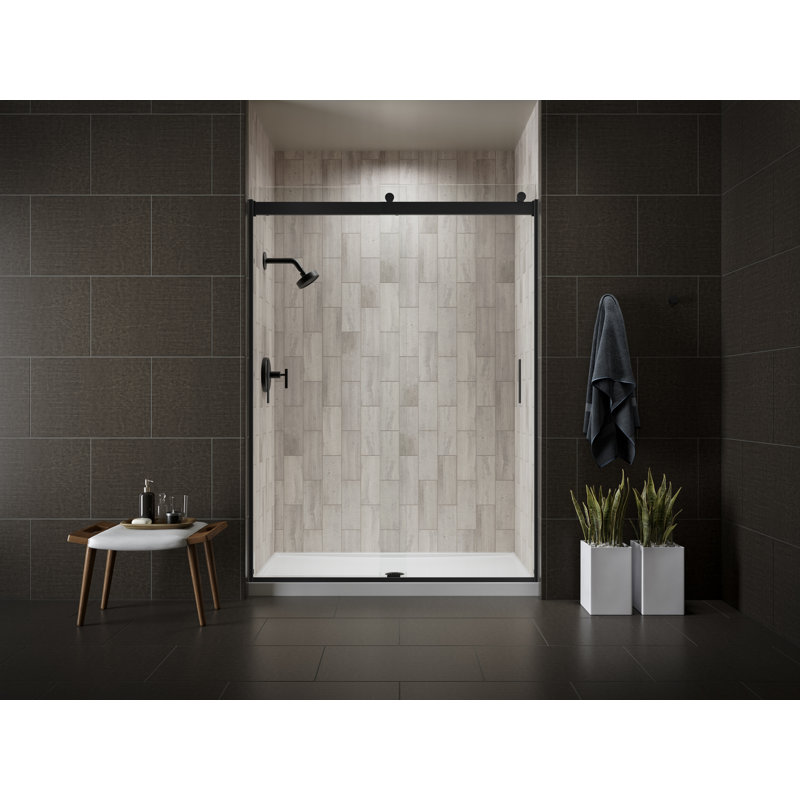 Levity 47.63" x 74" Double Sliding Shower Door with Blade Handles with CleanCoat® Technology, Anodized Brushed Bronze