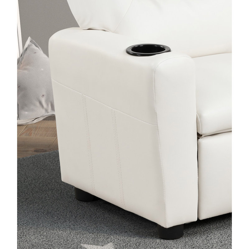 Marisa 22" PU Leather Kids Recliner Chair With Cupholder, White Faux Leather