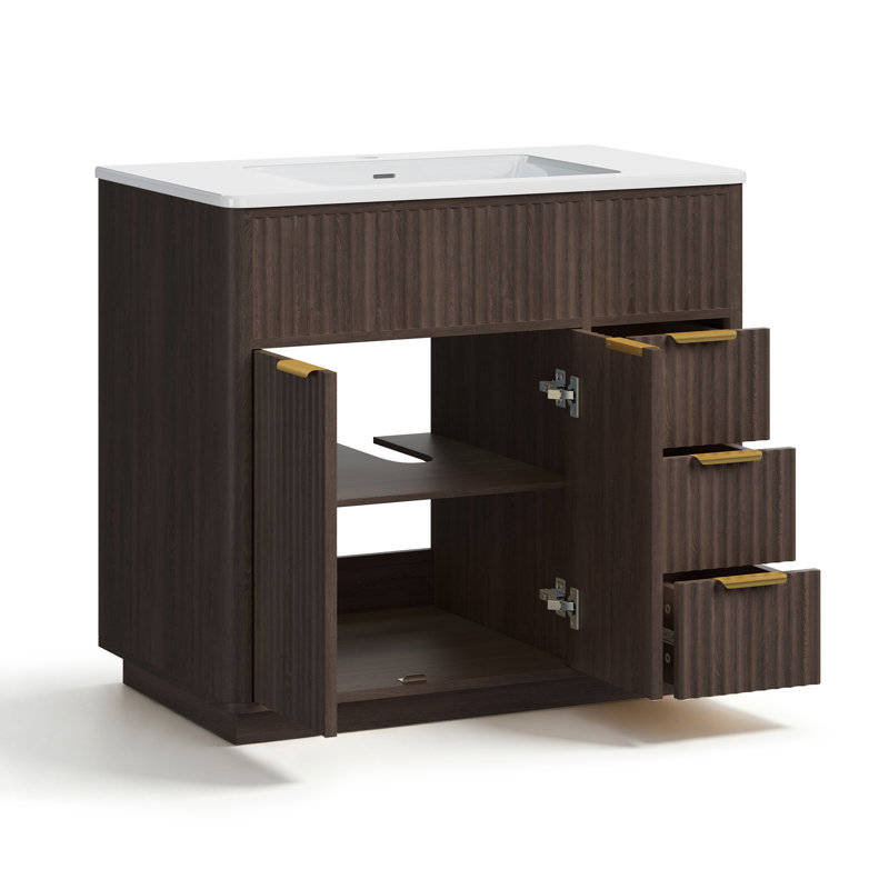 Meuble-lavabo sur pied de 91 cm (36 po) avec lavabo simple, portes cannelées et rangement, brun, Brun noyer, 36"