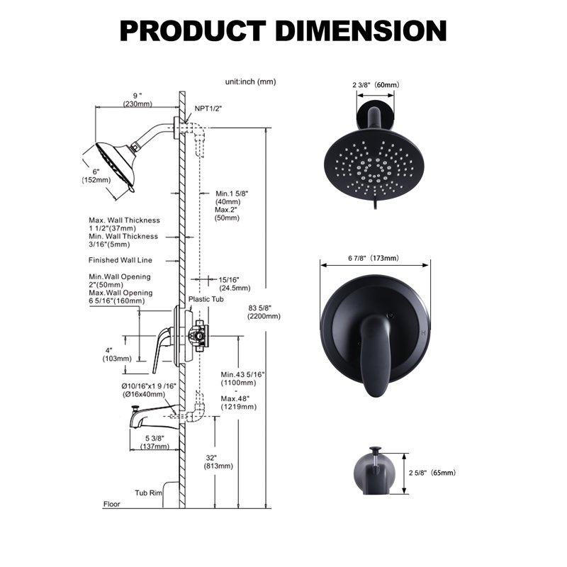 Robinet de douche thermostatique, Noir mat, Bouton