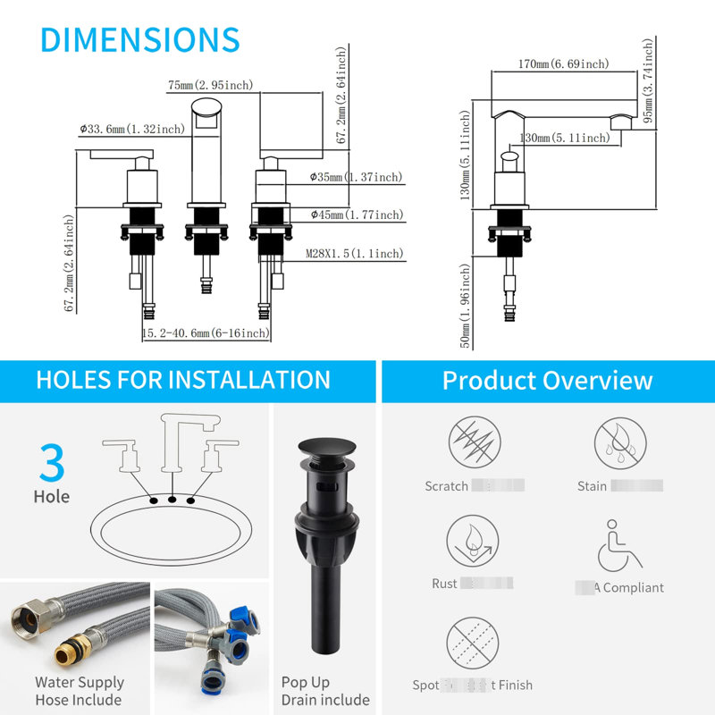 Robinet de salle de bain noir mat à cascade, drain escamotable à 2 poignées, tuyau d'alimentation, 8 robinets de 8 pouces noirs, robinet, 2 poignées, ligne