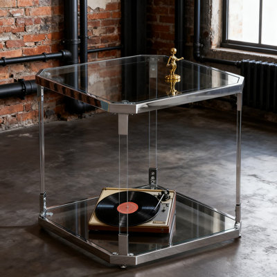 Table de bout en acrylique moderne avec plateau en verre trempé, table de chevet incassable pour le salon et la chambre à coucher, table d'appoint avec rangement à plusieurs niveaux