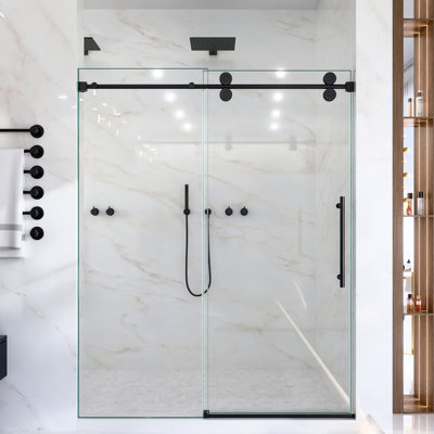 Porte de douche coulissante simple, l 44 à 48 po x H 76 po, verre trempé transparent de 8 mm, 5/16 po, fini noir mat, 304 rouleaux en acier inoxydable, détachement, rail rond, double imperméable, ajout de charme pour la salle de bain