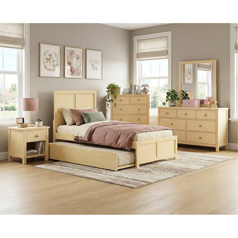 Contemporary Twin Bed With Trundle, Pine Wood Finish, Featuring And Rails Platform Bed, Trundle Available, Great For Coastal Bedroom Decor
