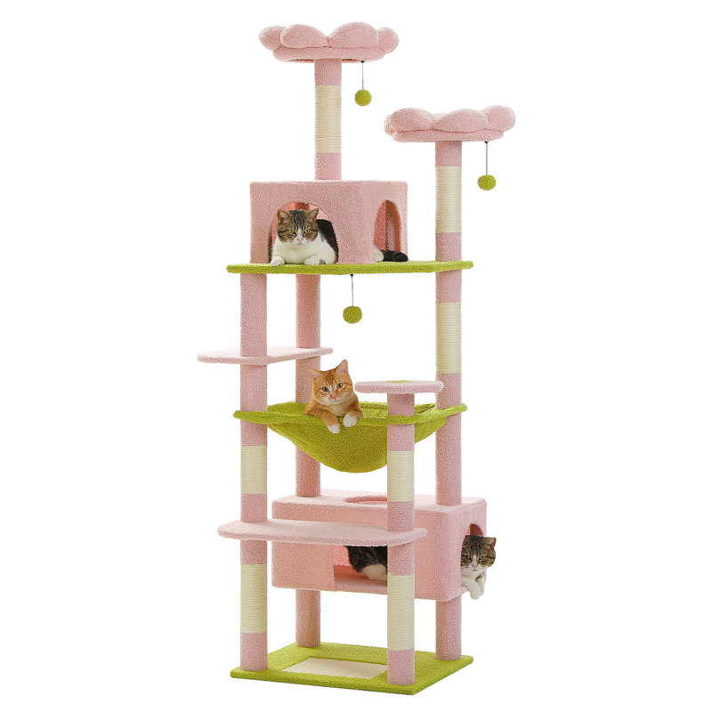 Arbre à chat de 72,4 po, condos à griffer et poteaux à griffer inclus, avec plateforme et panier, Bleu / Rose