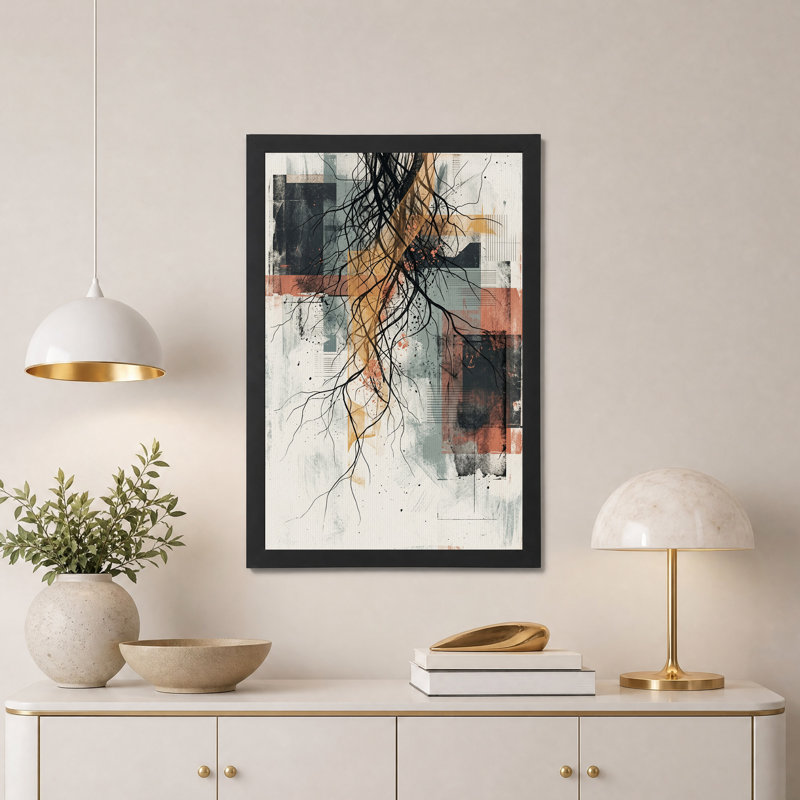 Racines noires enchevêtrées sur toile murale à blocs géométriques rouille et gris, H 30 po x l 20 po