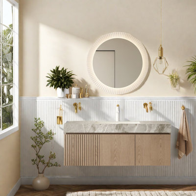 Meuble-lavabo moderne avec rangement, meuble-lavabo en contreplaqué et lavabo en céramique, plateau en pierre gris clair