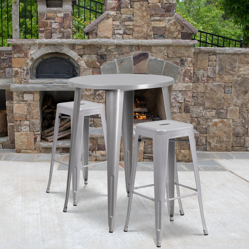 Ensemble de tables de bar rondes en métal pour l'intérieur et l'extérieur Gyala, Argent, H 41 po x l 30 po x P 30 po