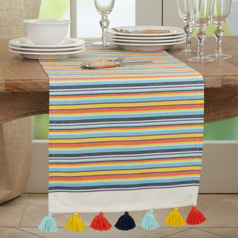 Colorful Cotton Fiesta Stripe Table Runner with Tassels