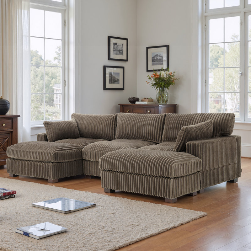 4 - Piece Upholstered Light Brown Faux Rabbit Fur Flannel Reversible Modular Sofa Living Room Sectional Couch with Ottoman