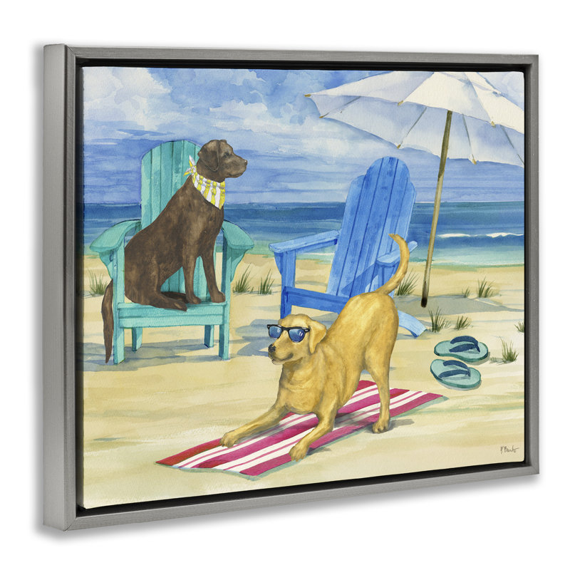 «Dogs on Beach» par Paul Brent, Cadre flottant gris lustré, H 17 po x l 21 po