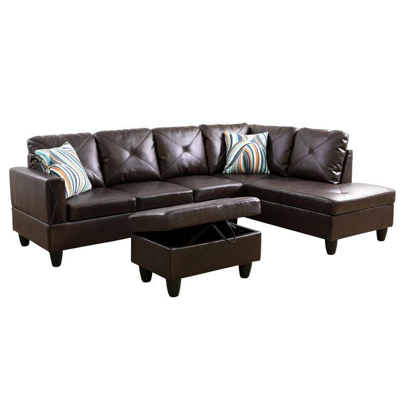 Monaco Vegan Leather 3-Piece Sectional Sofa Set With Chaise And Storage Ottoman, Right Hand Facing, Brown Faux Leather