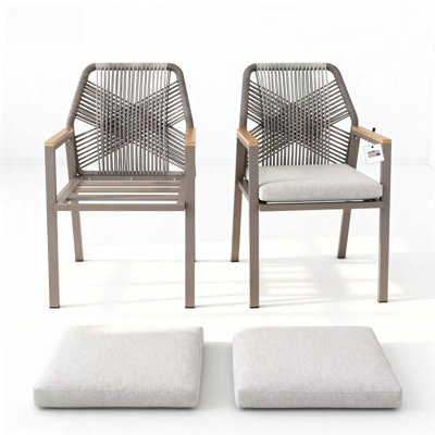 2 Pack Patio Dining Chairs, Outdoor Aluminum Wicker Furniture Set with Removable Cushions, Weather Resistant & Easy Clean, Taupe