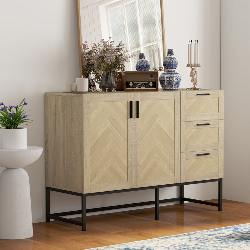 Sideboard Buffet Cabinet with Drawers and Adjustable Shelf, Oak