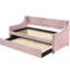 Lit double en velours rose avec lit gigogne - Revêtement en tissu, pattes en bois, design moderne et élégant