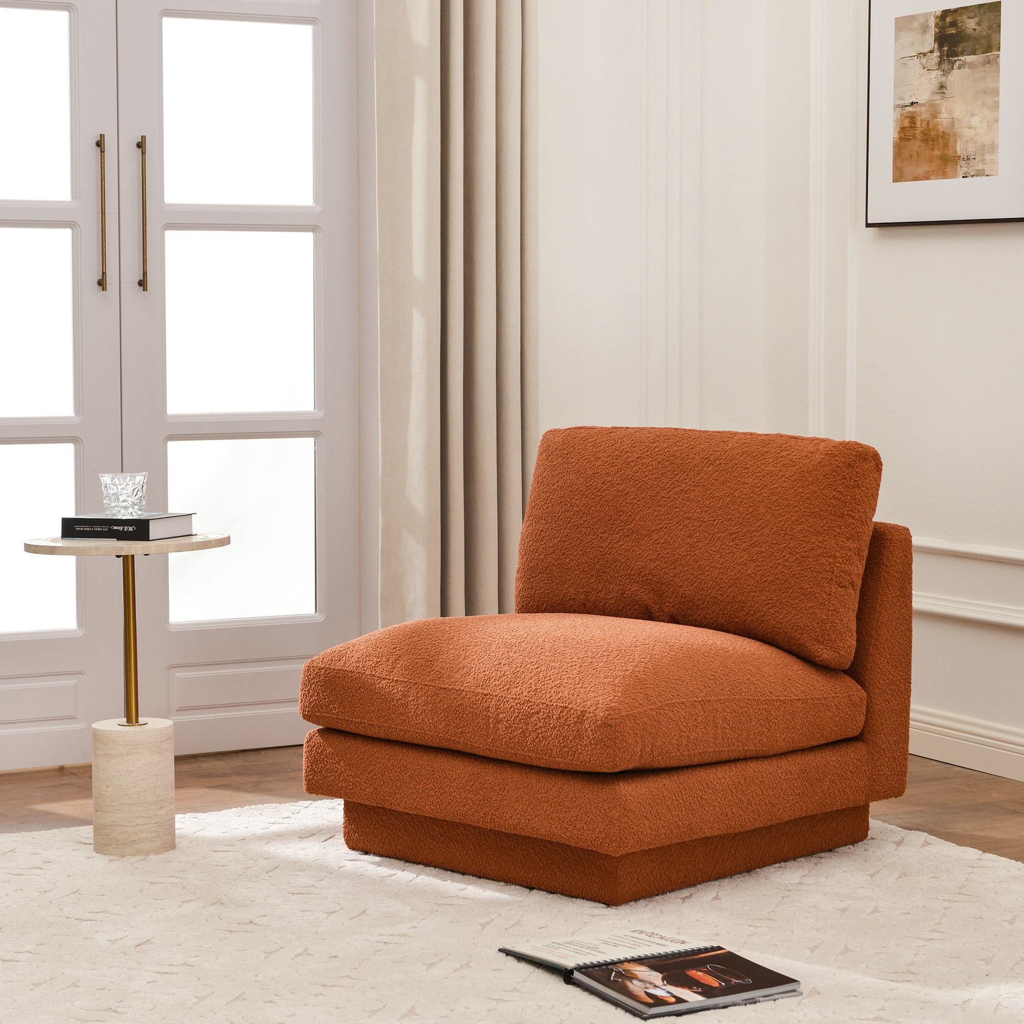 Woolf 34" Modern Boucle Upholstered Slipper Chair, Caramel Boucle