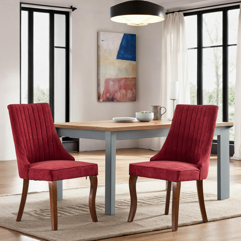 Elastic Cushion and Curved Solid Wood Legs Kitchen Side Chairs Set of 2 with Fabric Upholstery and High Backrest for Dining Room