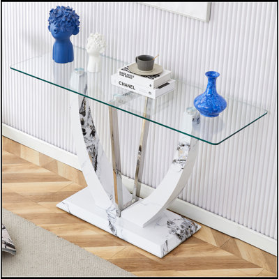 Table rectangulaire moderne en verre minimaliste moderne avec plateau en verre trempé de 0,39 po et pieds en MDF à motif blanc pour l'entrée et le salon.