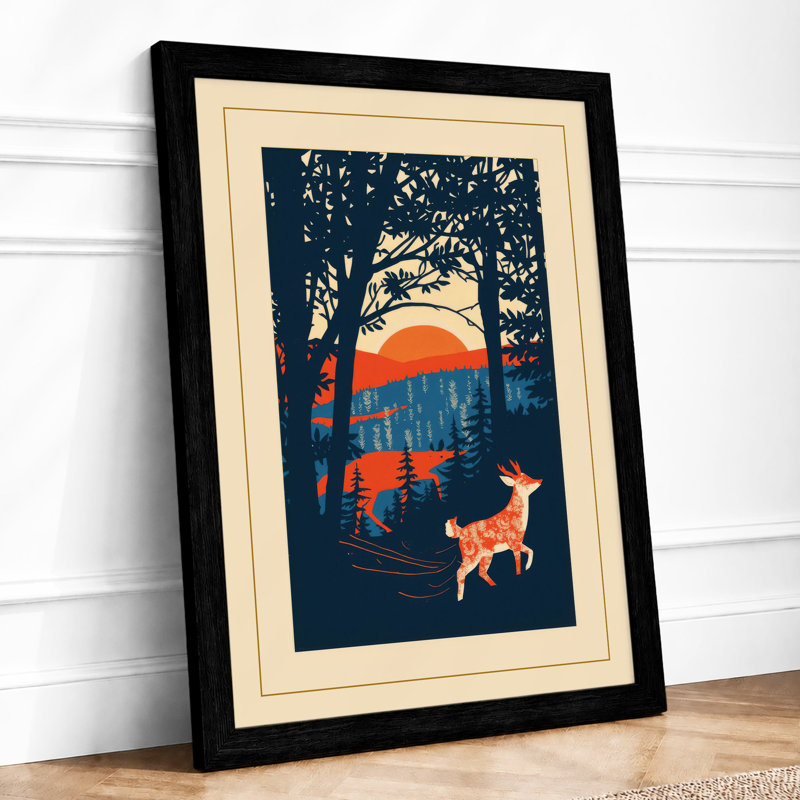 Deer At Woodland Sunset Rustic - Print, A2 - 59.4 x 42.0 cm, Black