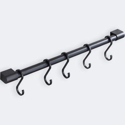 Kitchen Rail With Hooks, Pan And Pot Hangers For Kitchen Wall Mount, Kitchen Utensil Rack With Removable S Hook, Aluminum (17.3Inch_Black_5Hooks)