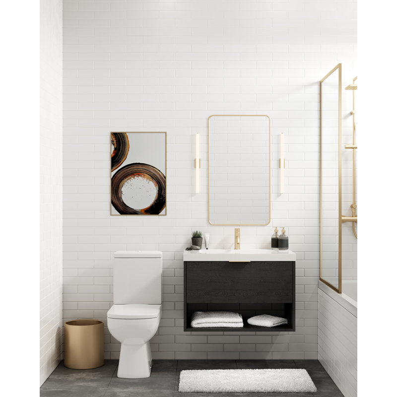 Modo 42" W Wall Mounted Single Bathroom Vanity, Matte White/8" Widespread, Charred, Satin Brass