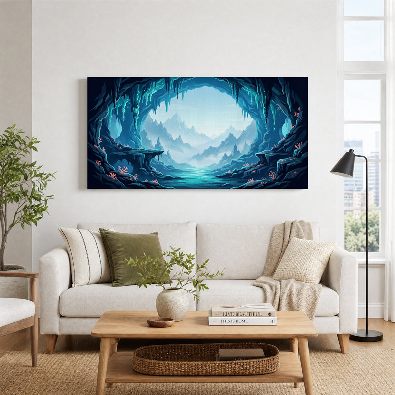 «Teal Glowing Cave Tunnel View of Misty Mountains», art mural sur toile, L 58 po x H 28 po