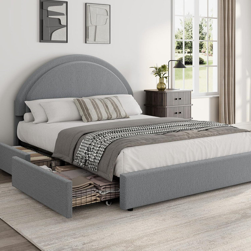 Upholstered Boucle Platform Bed with Storage Drawers & Round Headboard, Heavy Duty Noise Free, Gray, Queen