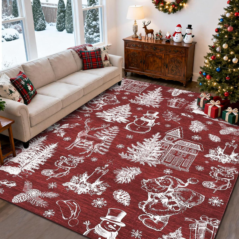 Washable Christmas Rug Non Slip Xmas Festival Christmas Tree Throw Carpet Low Pile Soft Small Rugs Holiday Decor Indoor Rugs for Kitchen Nursery Bedroom