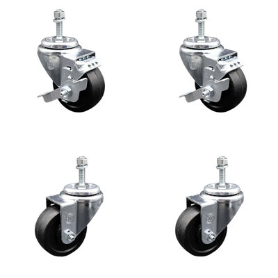 3 Inch_Soft Rubber Wheel Swivel 3/8 Inch Threaded Stem Caster Set 2 Brakes SCC