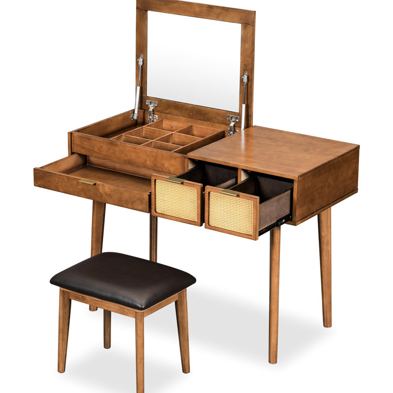 43.3" Classic Vanity In Brown, With Flip-Top Mirror, Stool And Three Drawers For Functional Space Saving Storage Brown Wood Practical