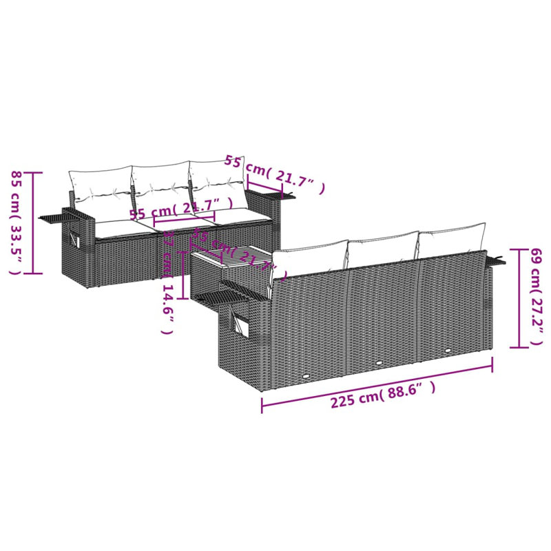  Ensemble de canapé de jardin avec accoudoirs réglables en rotin PE gris