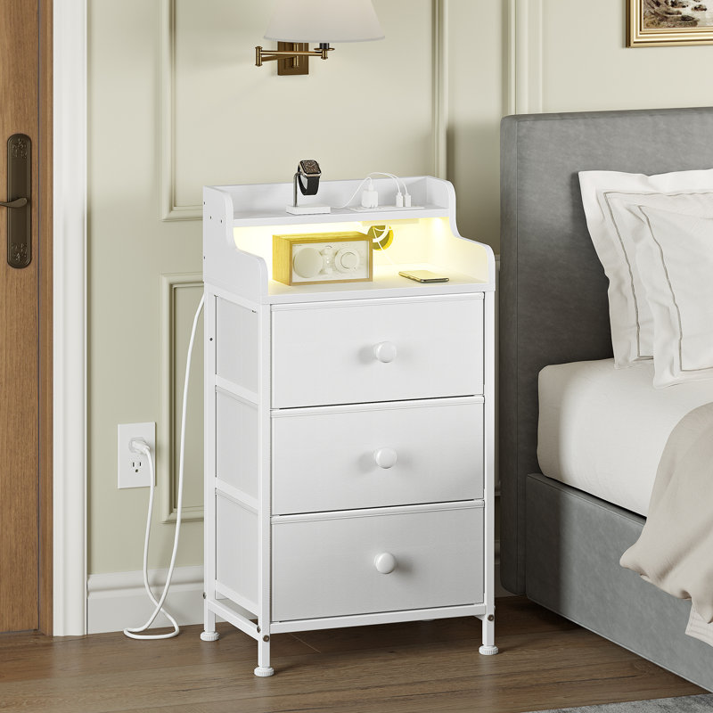 Nightstand With Outlets & LED Lights, End Table With3 Drawers & 2-Tier Open Shelf, Bedside Table For Bedroom, White