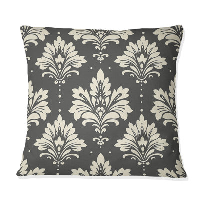 Gray White Traditional Damask Print III - Traditional Throw Pillow