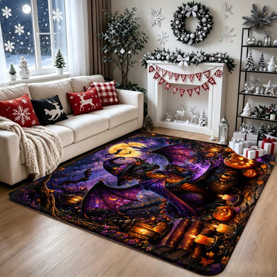Tapis d'Halloween dragon fantaisie, décor de nuit effrayante, éclairage de Jack-o'-lanternes de chauve-souris pleine lune, tapis de sol intérieur pour le salon, la chambre à coucher, le bureau personnel et le vestibule