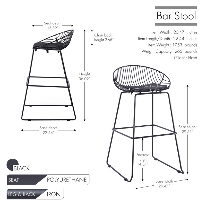 Tabourets 29,53 "en fer avec coussin de siège en similicuir, Noir