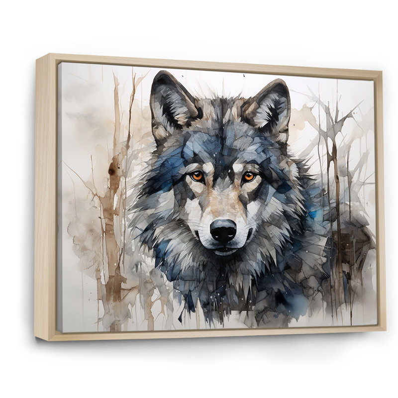 Minimalisme bleu et gris, expression du loup sur toile - loup, Cadre naturel flottant, H 24 po x l 32 po x P 1 po