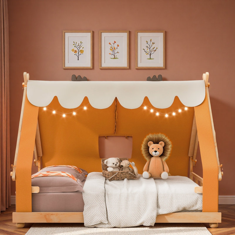 Lit maison avec tente et lumière, Lit double, Brun