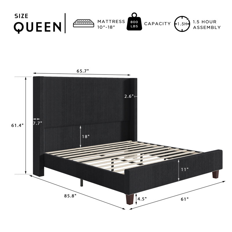 Queen Black Corduroy Upholstered Wingback Platform Bed