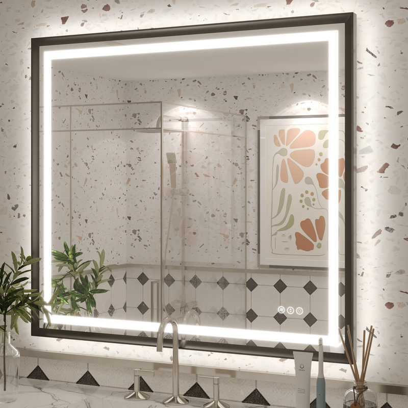 Molly Black Metal Framed LED Front Light and Backlit Anti-Fog Wall Bathroom/ Vanity Mirror, 40" H x 36" W